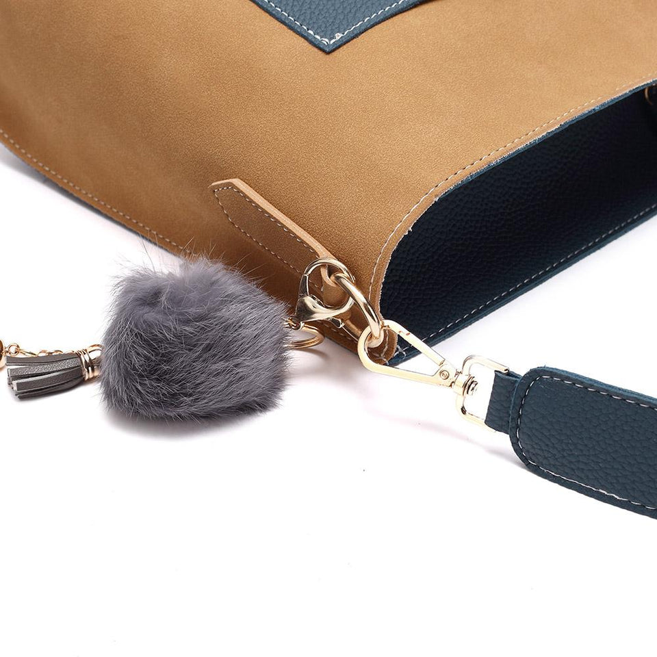 Pompom charm colourblock faux leather 2-in-1 bag in Tan
