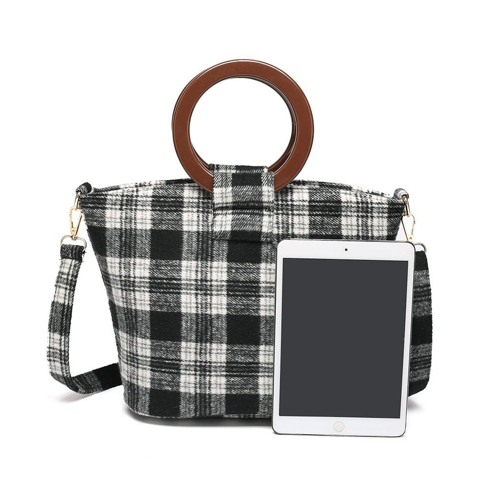 Wood arylic ring handle tartan tote in Brown - 2-way carry