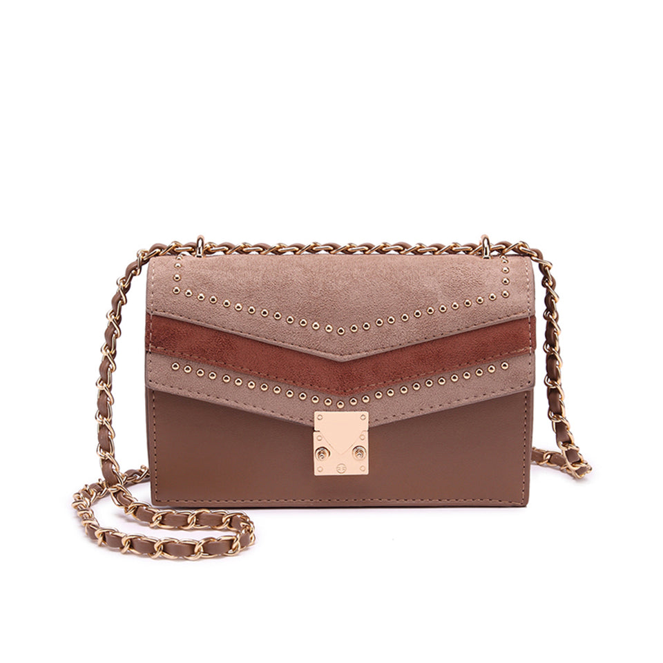 Studded colourblock faux suede crossbody bag in Brown