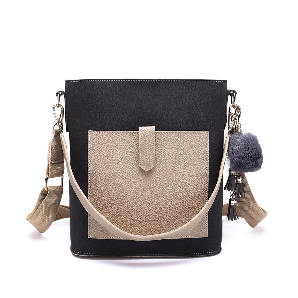 Pompom charm colourblock faux leather 2-in-1 bag in Black