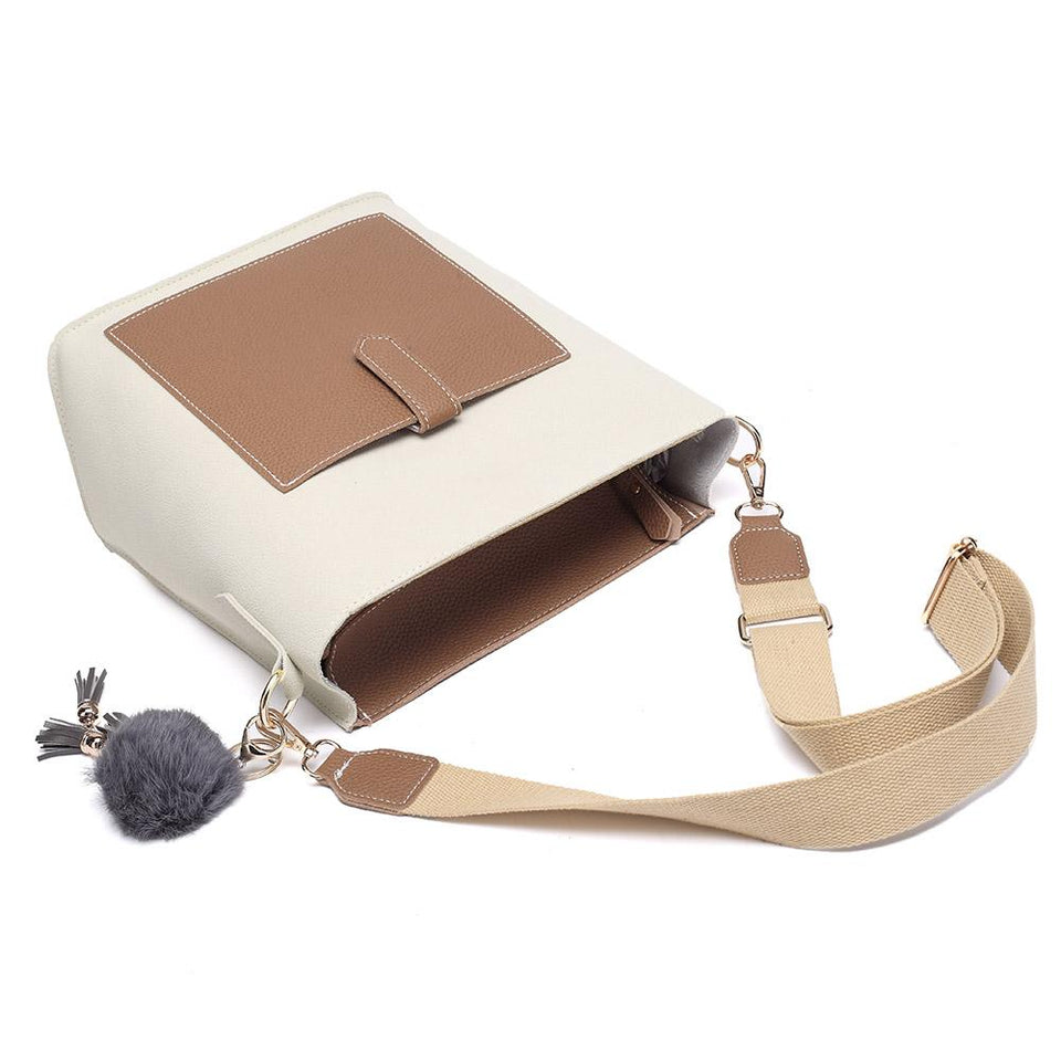 Pompom charm colourblock faux leather 2-in-1 bag in Beige