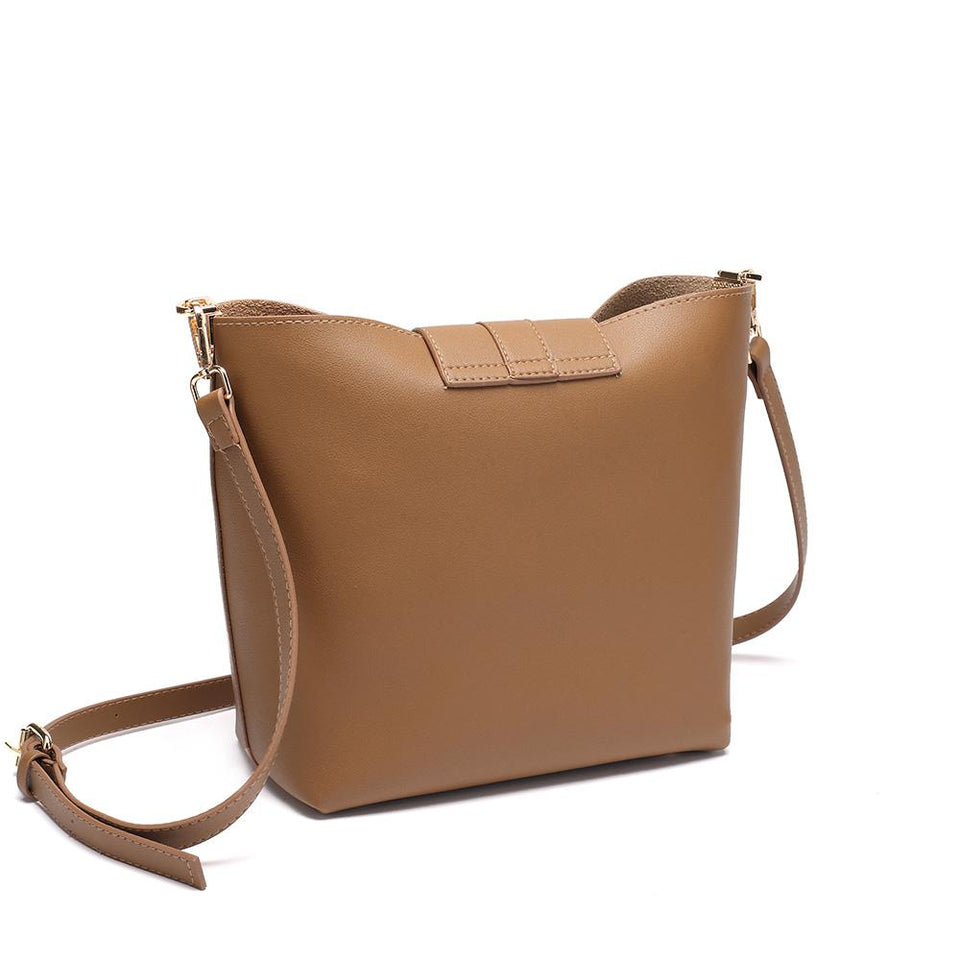 Belted flapover faux leather 2-in-1 bag in Tan
