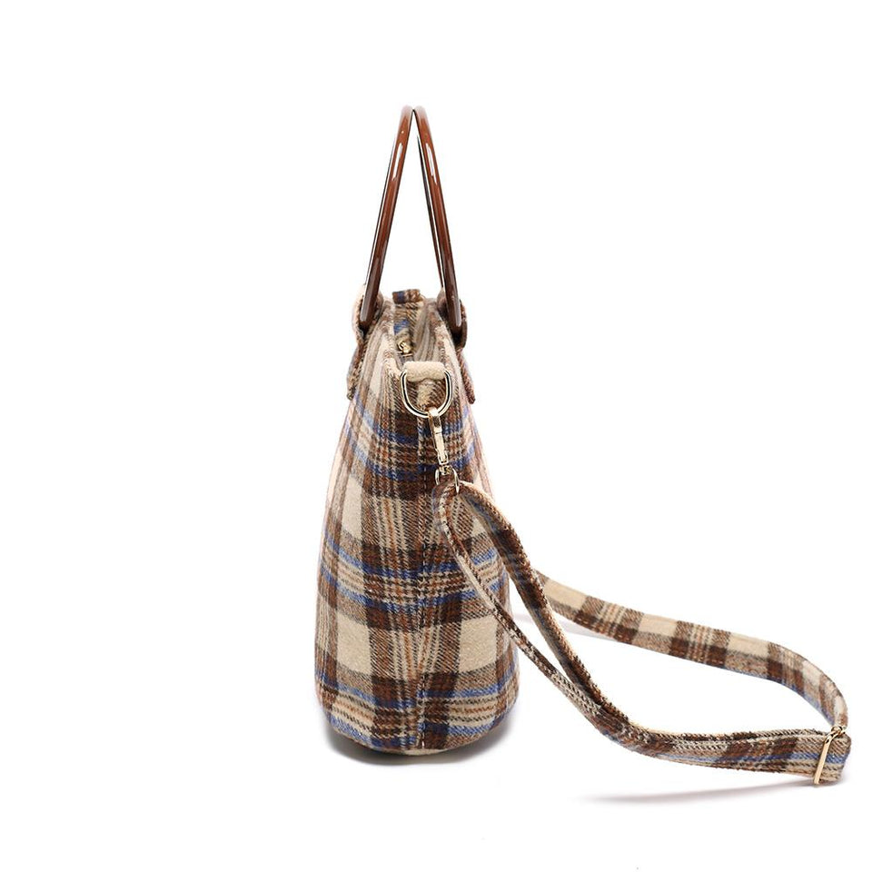 Wood arylic ring handle tartan tote in Brown - 2-way carry