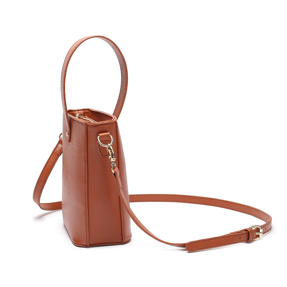 Inverted handle faux leather bucket crossbody bag in Brown