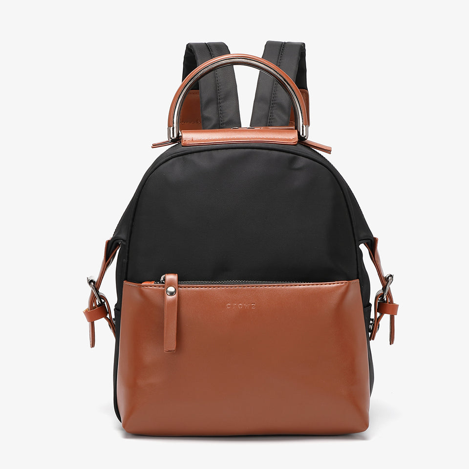 PU leather trim nylon backpack in black
