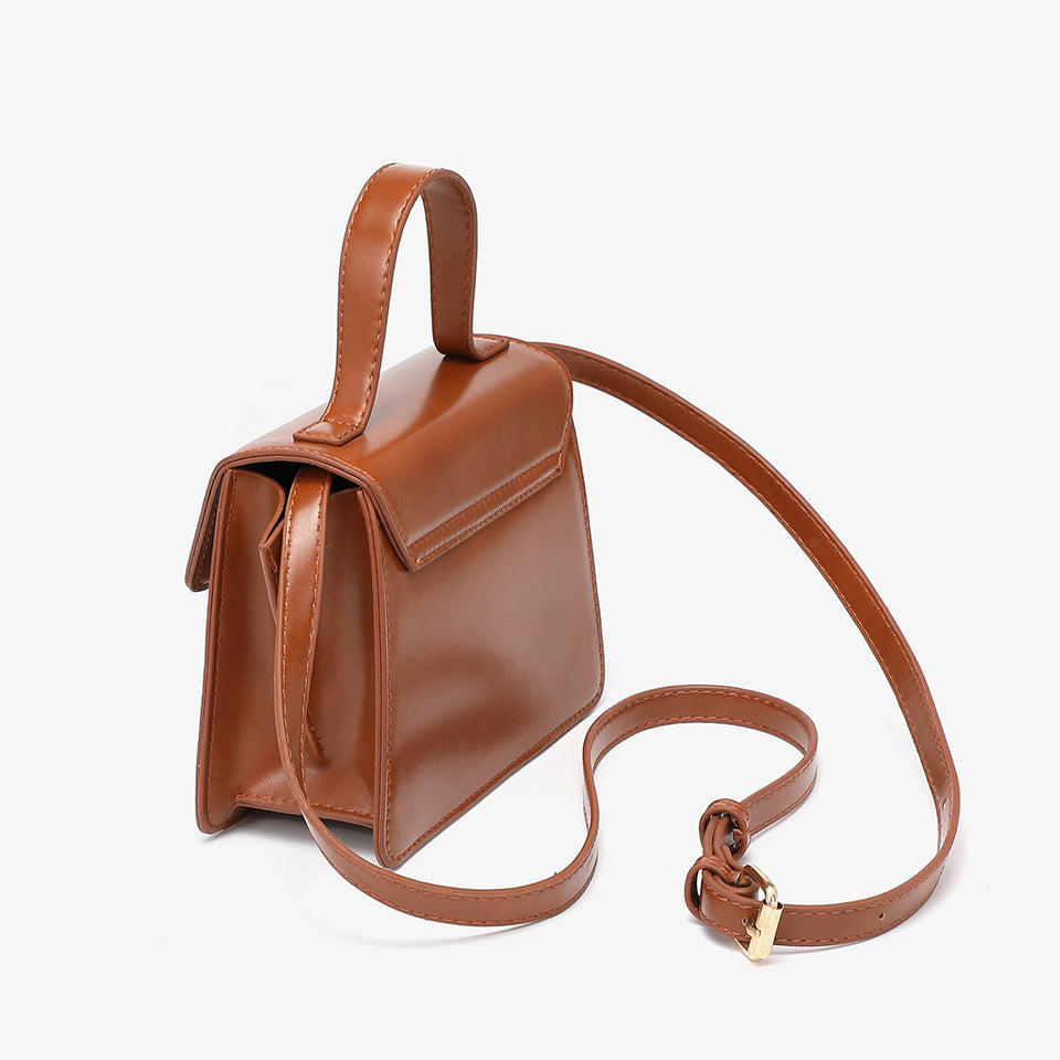 Top handle boxy PU leather crossbody bag in brown