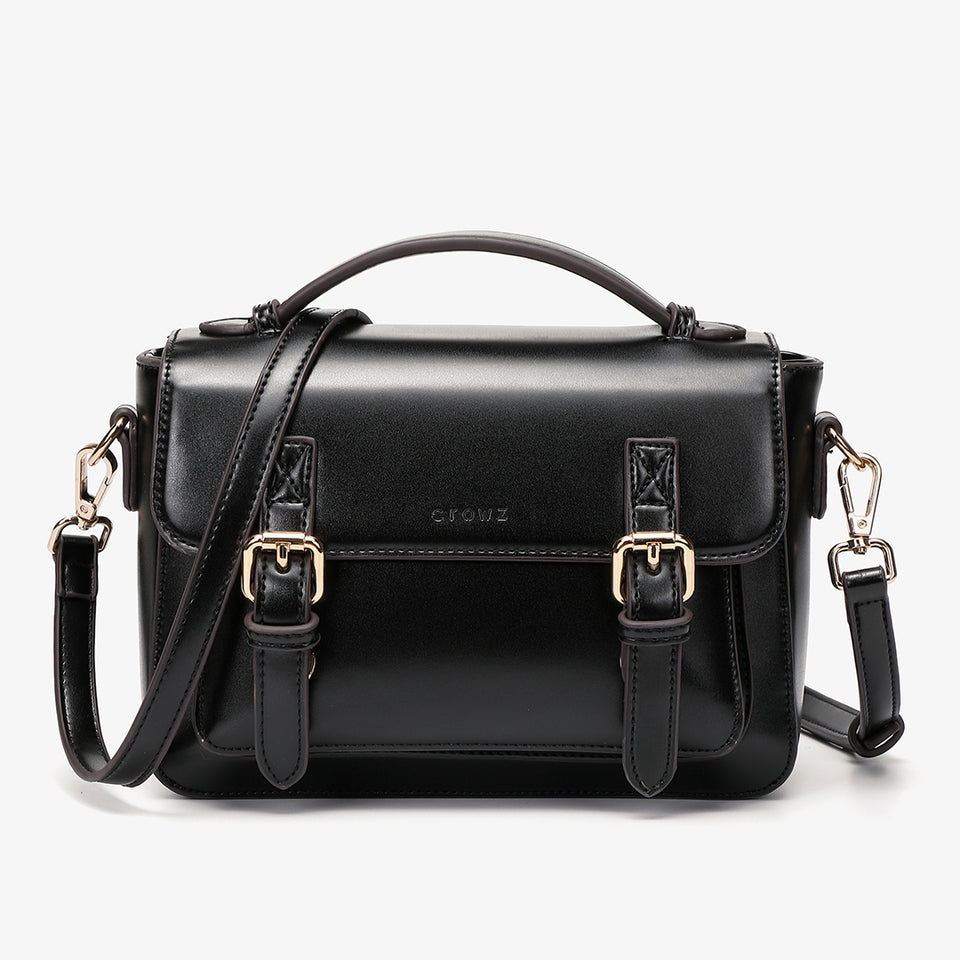 Buckled strap PU leather satchel bag in black